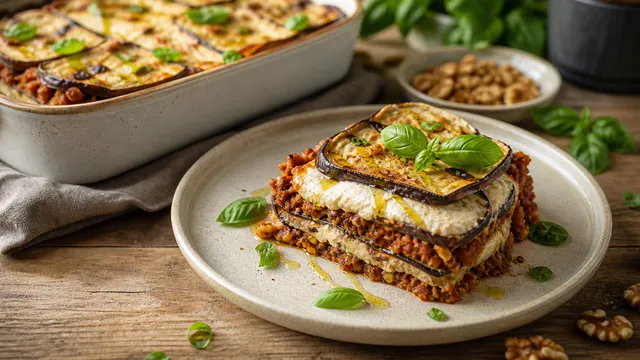 Keto eggplant lasagna with layers of golden-baked eggplant slices, hearty walnut bolognese and creamy cashew ricotta