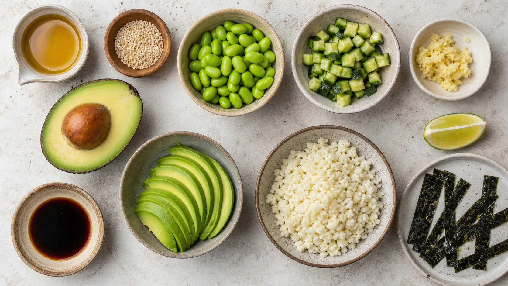 Ingredients for the keto poke bowl: avocado, edamame, cucumber, cauliflower rice, soy sauce, sesame oil, ginger, sesame seeds and nori