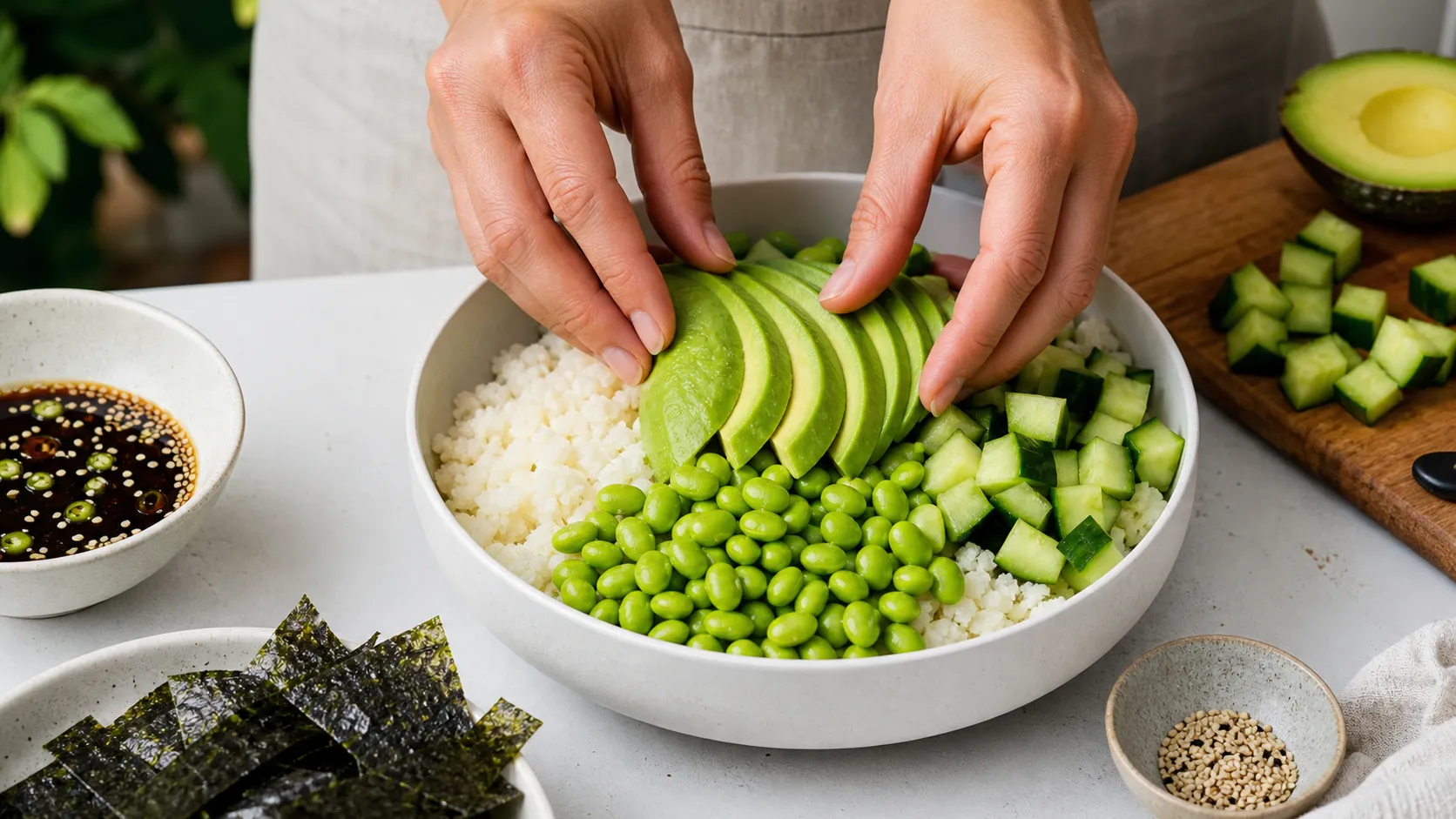 Avocado being sliced and arranged with edamame and cucumber over cauliflower rice in a bowl