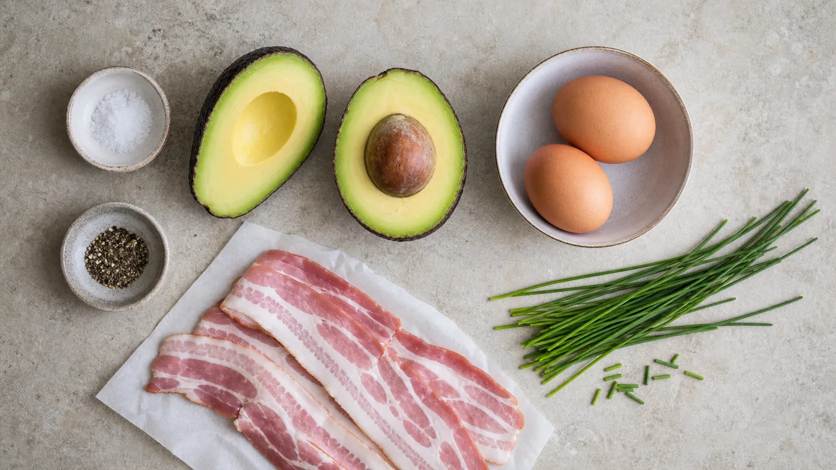 Ingredients: avocado, eggs, bacon, chives, salt, pepper