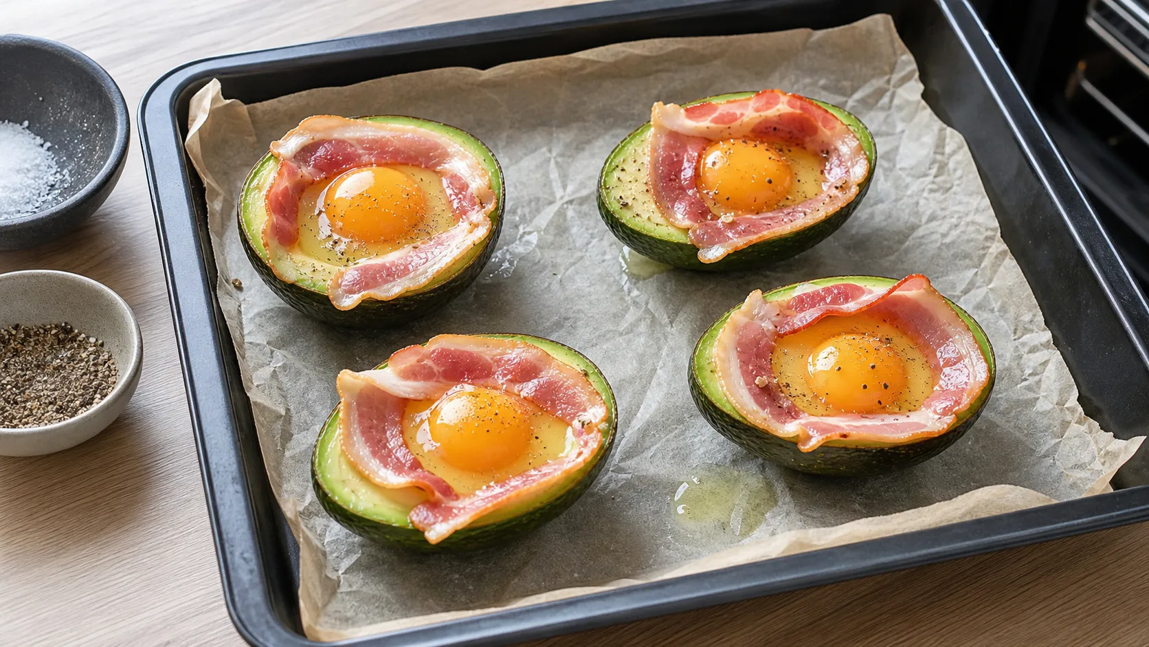 Avocado halves on a baking sheet, filled with egg and topped with bacon strips, ready for the oven