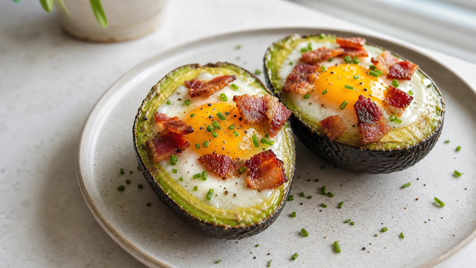Two avocado halves on a baking sheet, each hollow filled with an egg with golden yolk and strips of crispy bacon