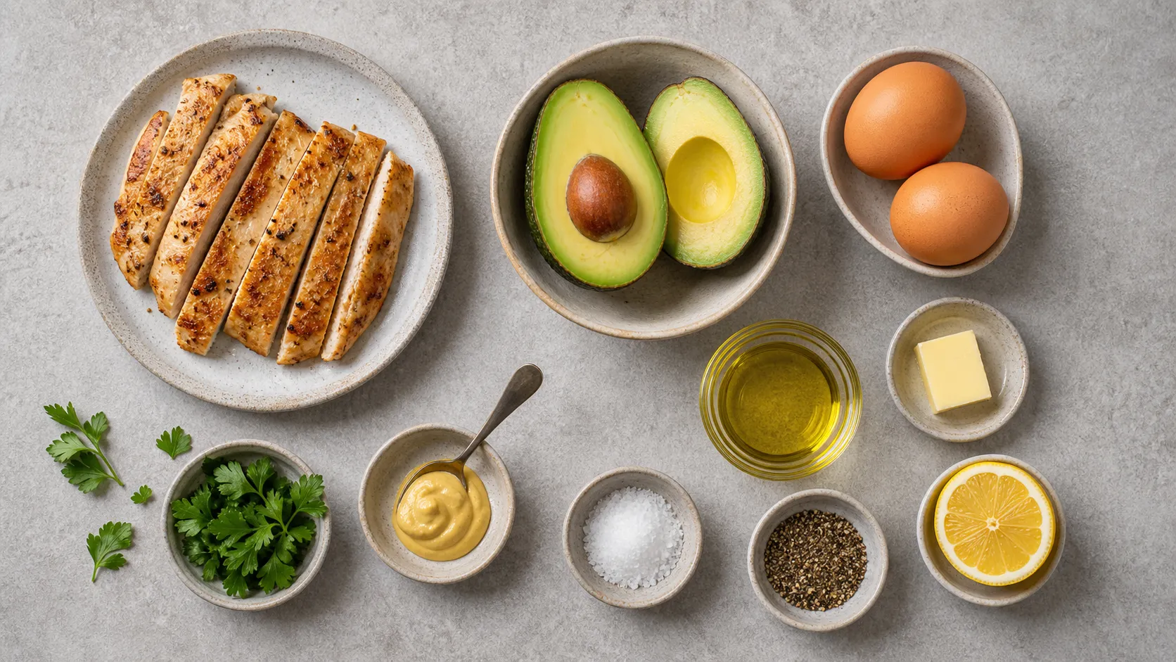 Ingredients for keto avocado chicken breakfast with chicken breast, avocado, eggs, olive oil, lemon and Dijon mustard