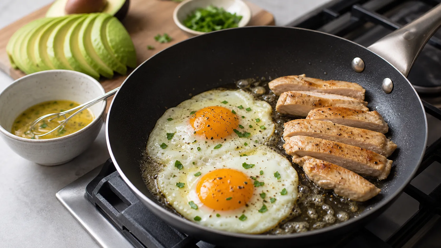 Frying eggs in butter next to chicken strips for the keto avocado chicken bowl