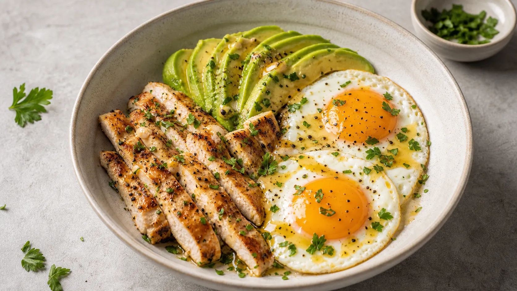 Keto avocado chicken breakfast bowl with fried eggs, chicken strips and herbs