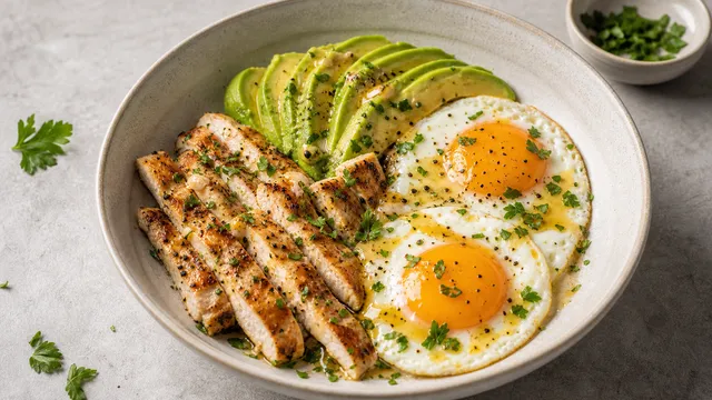 Keto avocado chicken breakfast bowl with fried eggs, chicken strips and herbs