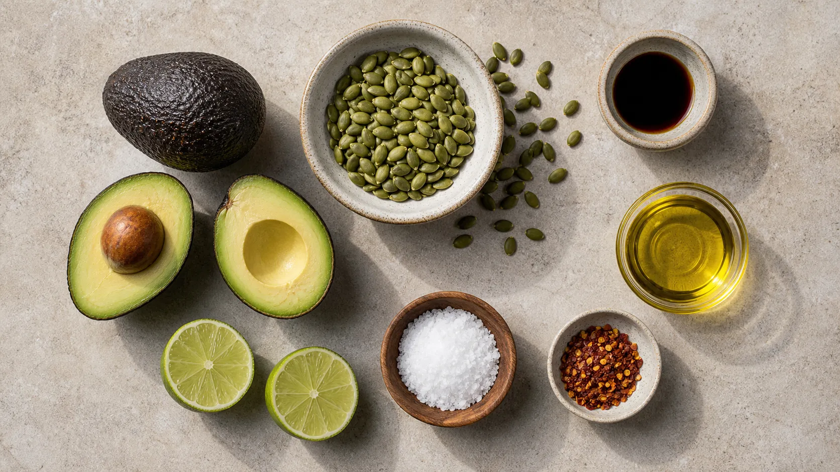 Ingredients for keto avocado pumpkin seed bowl: ripe avocados, pumpkin seeds, lime, tamari and sea salt flakes