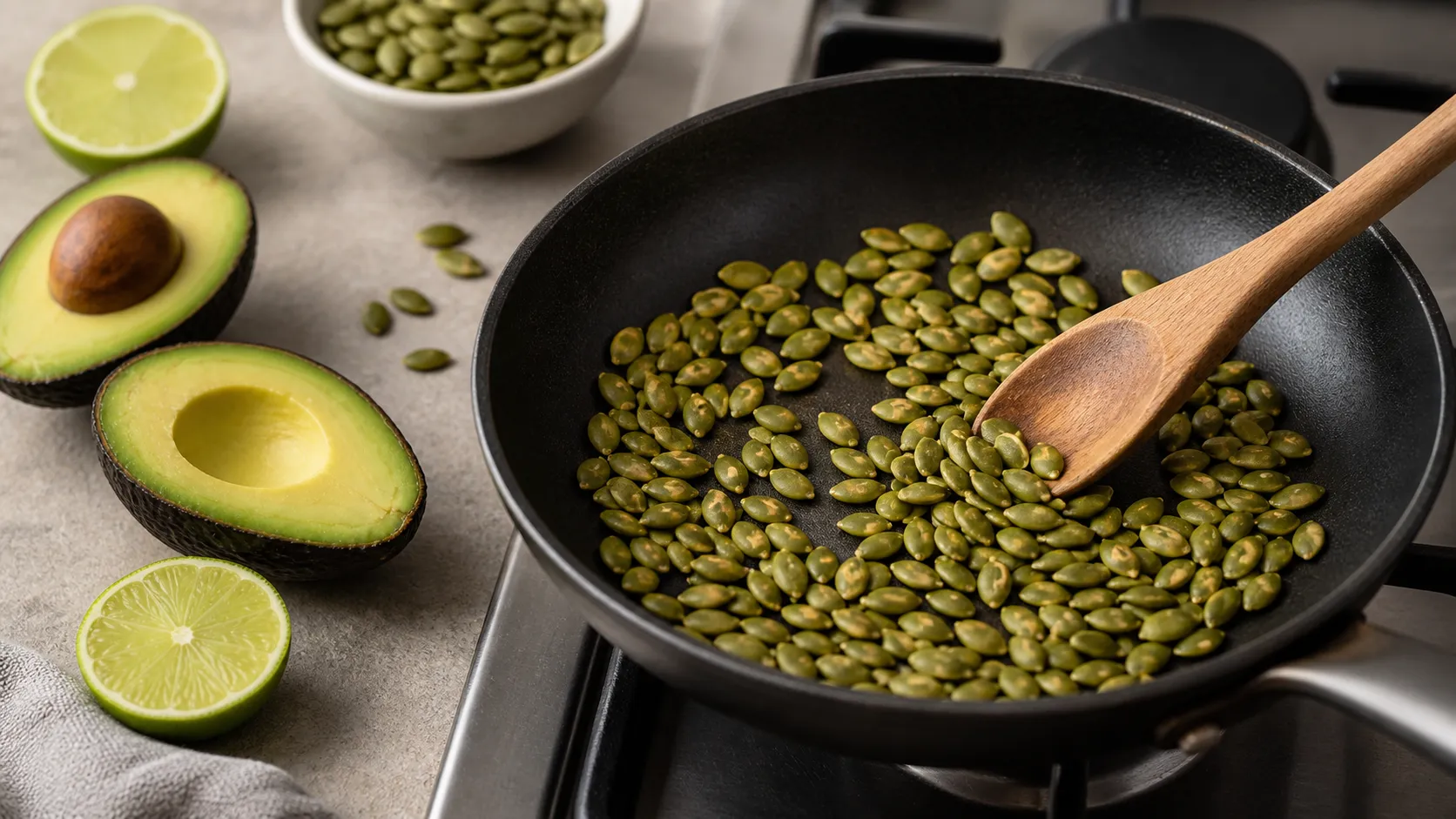 Pumpkin seeds are dry-toasted in a pan without oil until fragrant