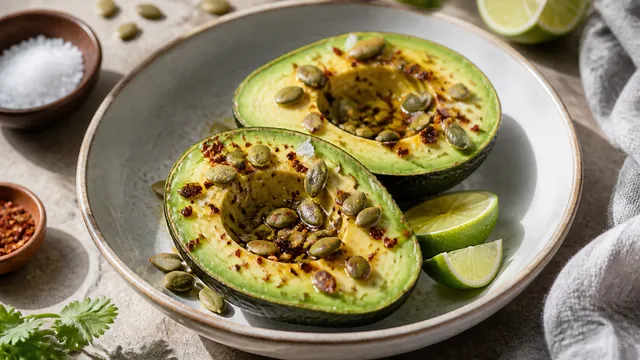Keto avocado pumpkin seed bowl with halved avocados, toasted pumpkin seeds, lime juice and sea salt