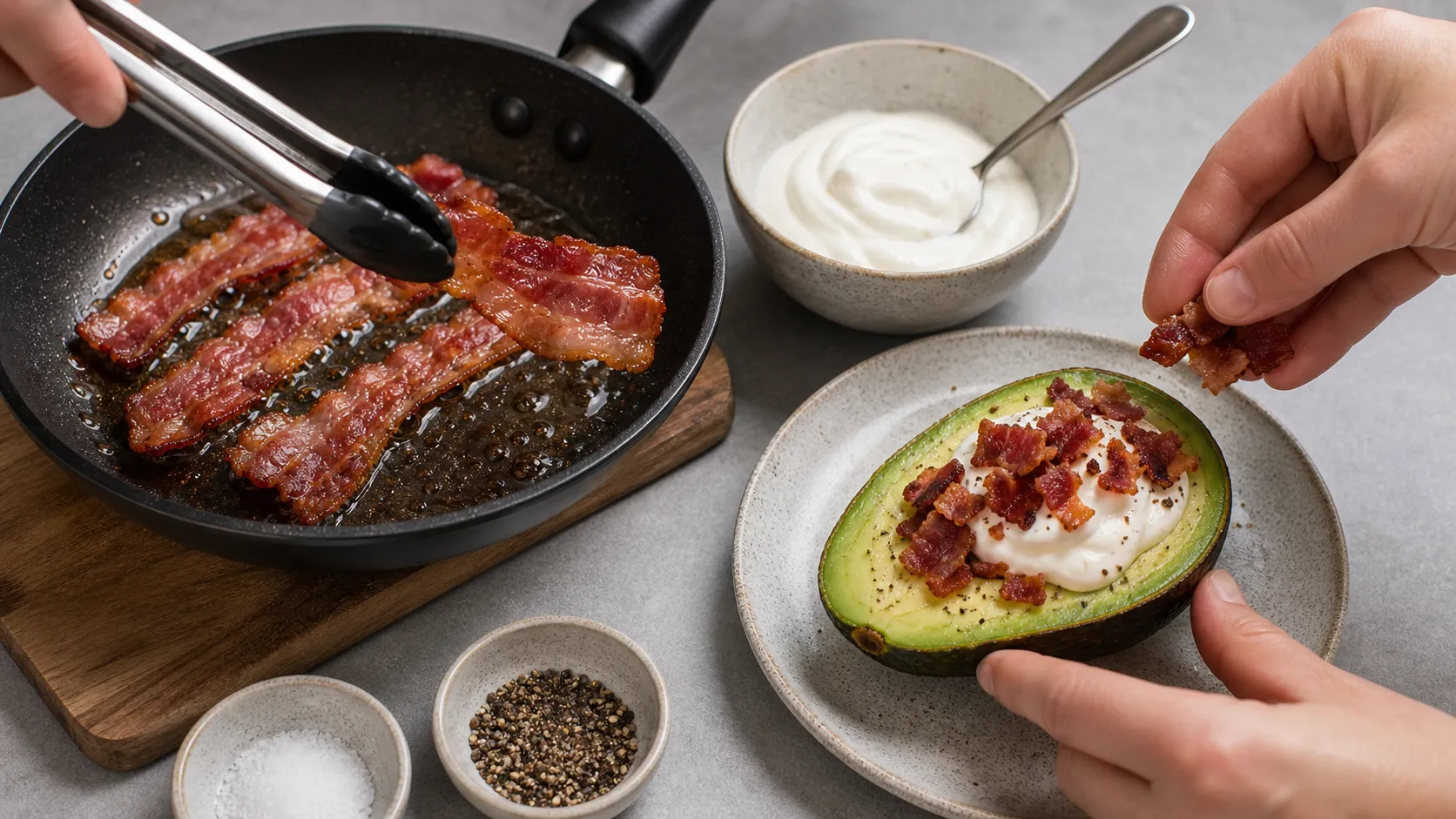Crispy bacon being crumbled over avocado and sour cream for a keto breakfast bowl