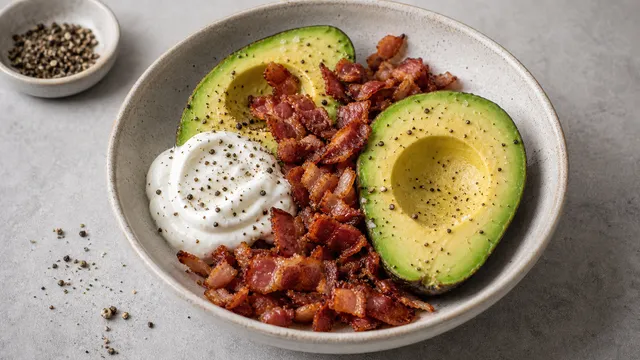 Keto avocado bacon sour cream bowl with crispy bacon and freshly ground pepper