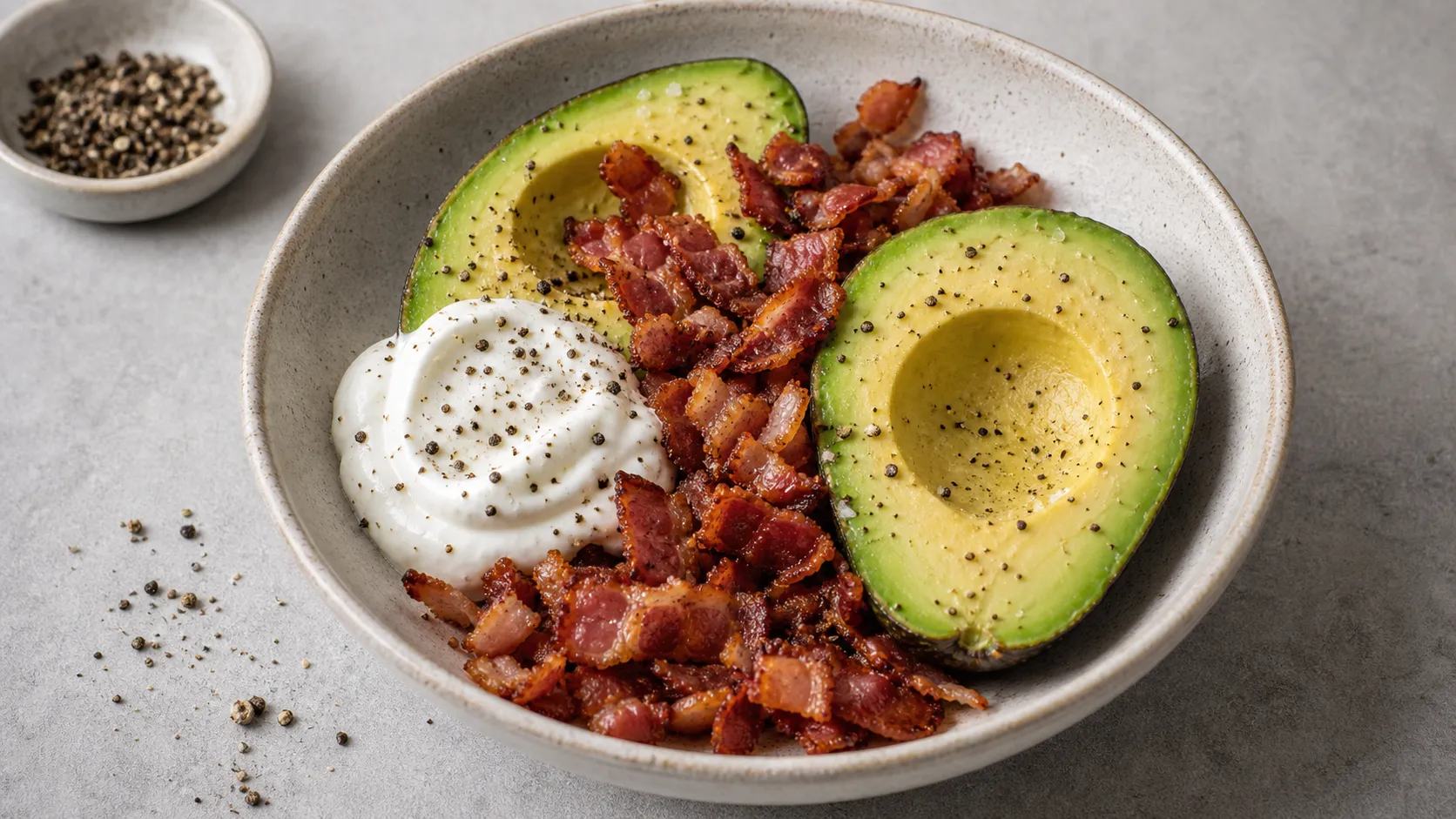 Keto avocado bacon sour cream bowl with crispy bacon and freshly ground pepper