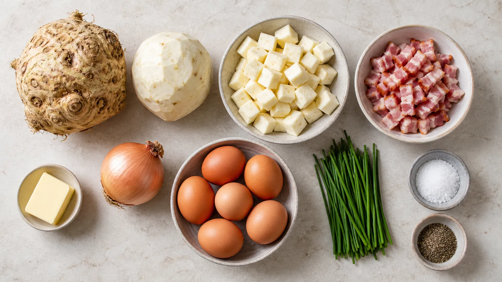 Ingredients for keto farmer's breakfast with celeriac, bacon, eggs, onion, butter and chives