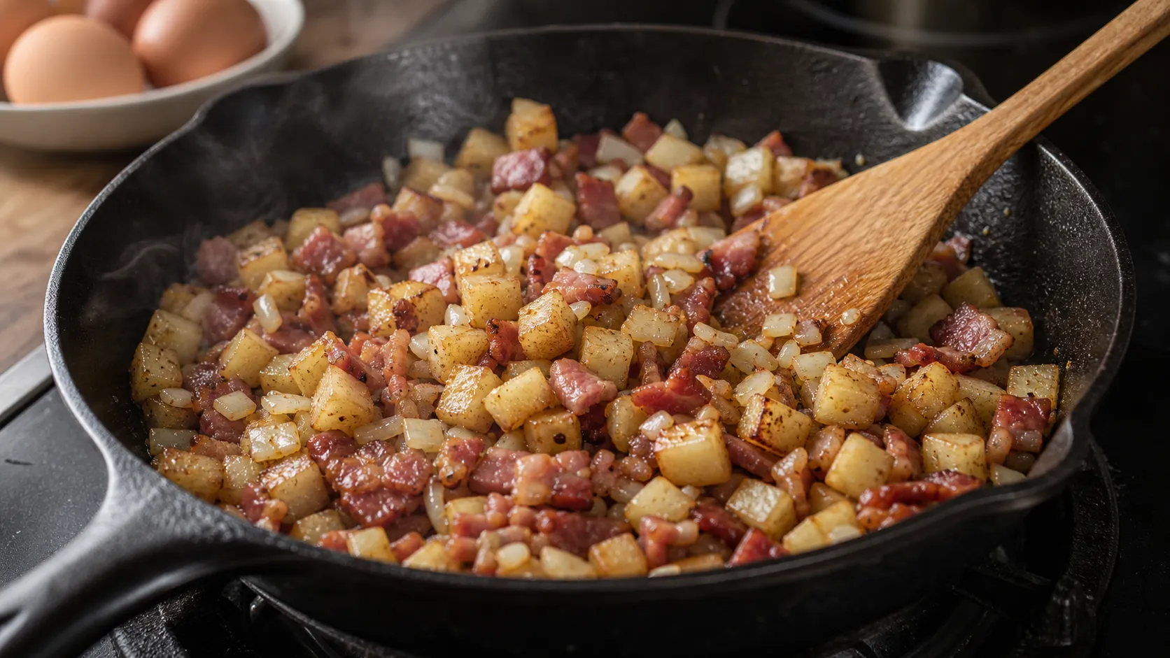 Celeriac and bacon frying golden-brown in a cast-iron skillet for keto farmer's breakfast