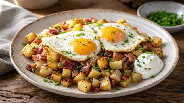 Keto farmer's breakfast with celeriac, bacon, onions and a fried egg in a rustic skillet