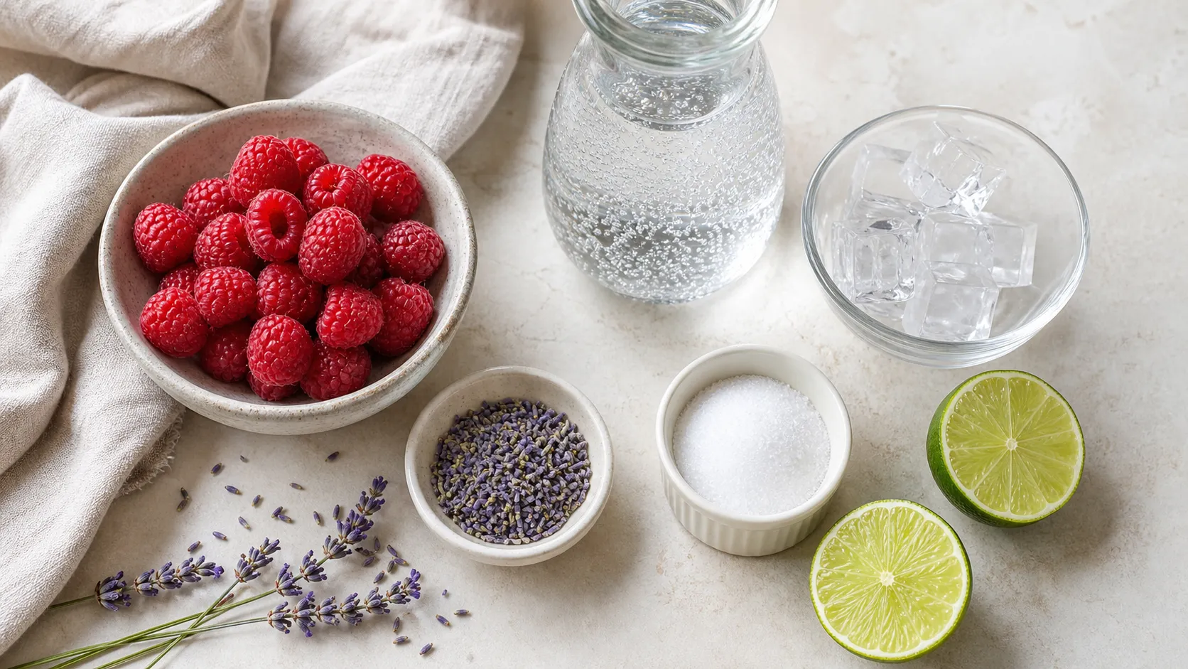 Fresh raspberries, dried lavender, erythritol, lime and sparkling water for the keto spritz