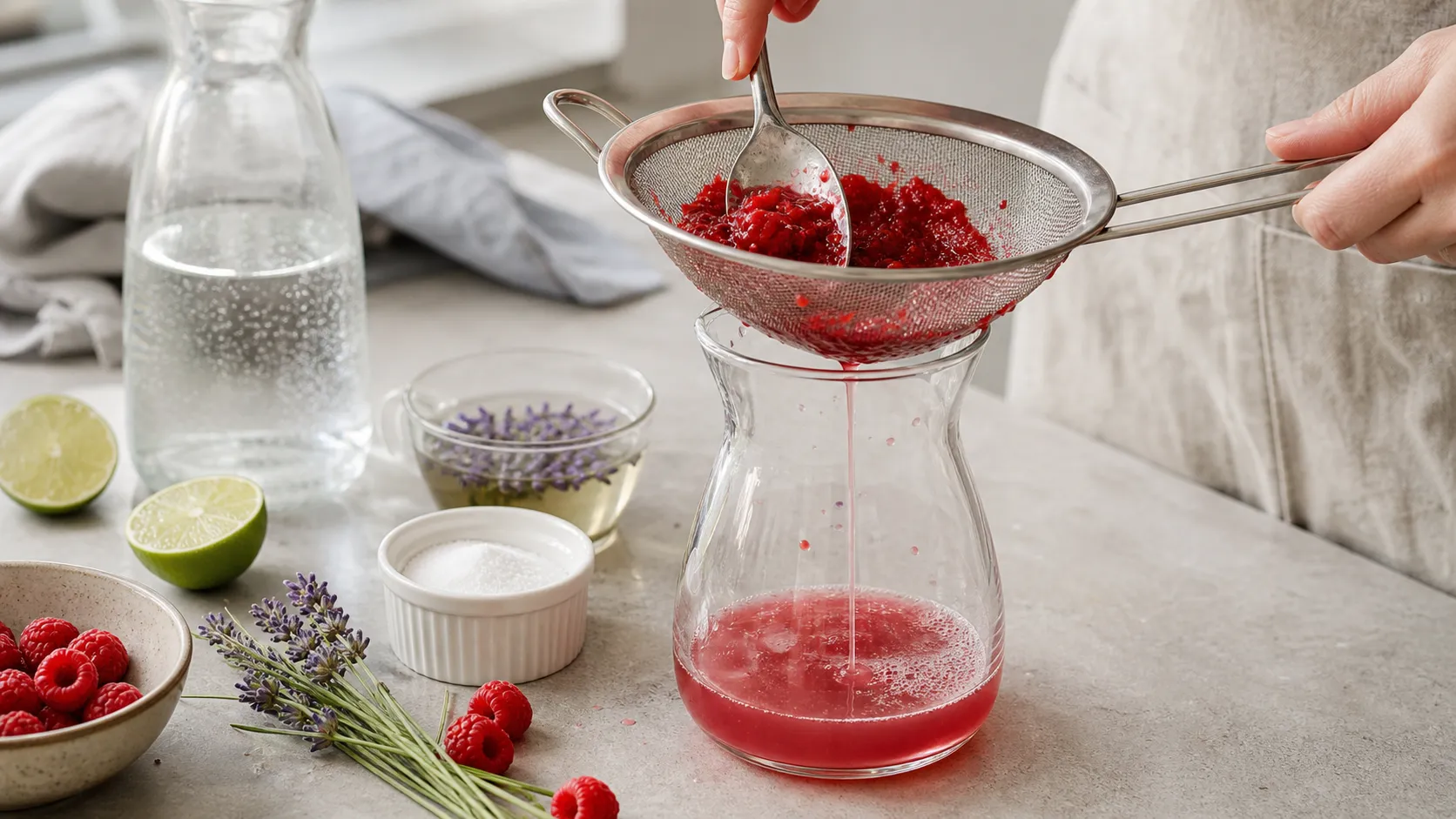 Raspberries being pressed through a fine sieve to extract pink juice