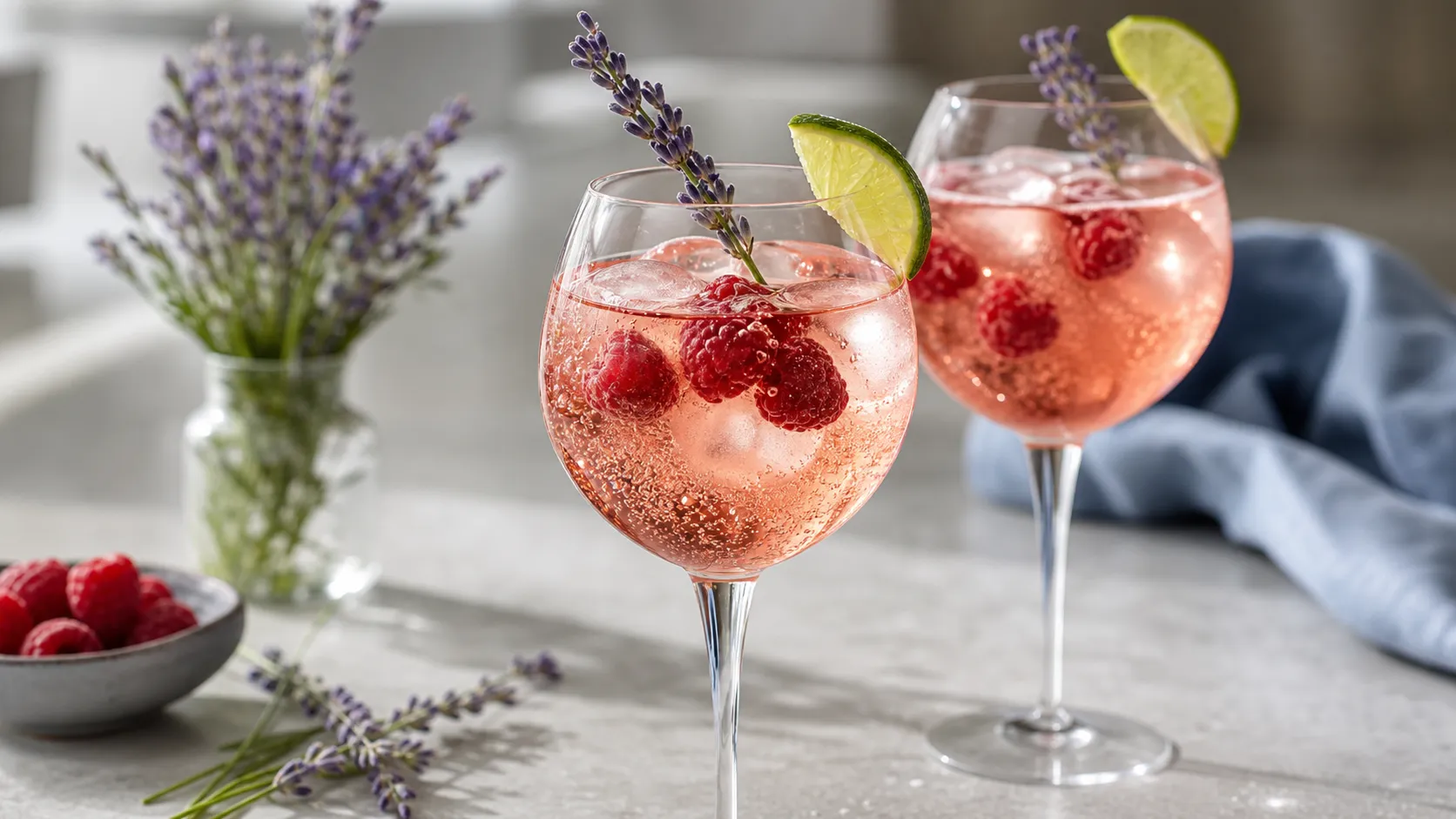 Keto berries and lavender spritz in a wine glass with fresh raspberries, lavender blossoms and sparkling water