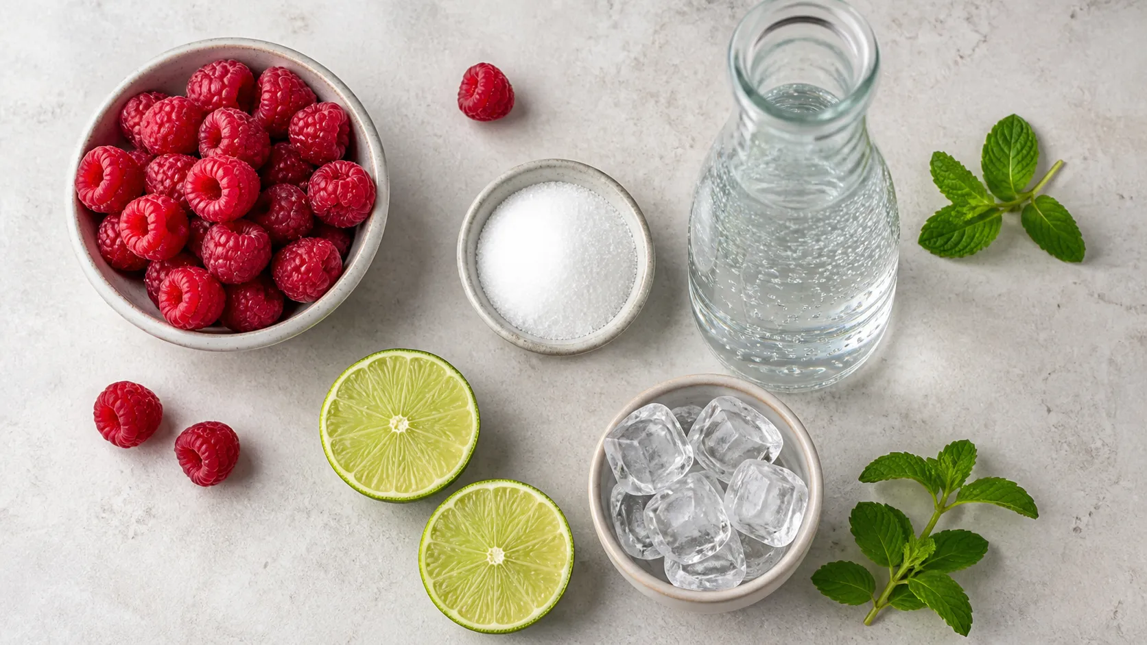 Flatlay of the ingredients for keto berry lime lemonade with raspberries, lime, erythritol, sparkling water, ice and mint