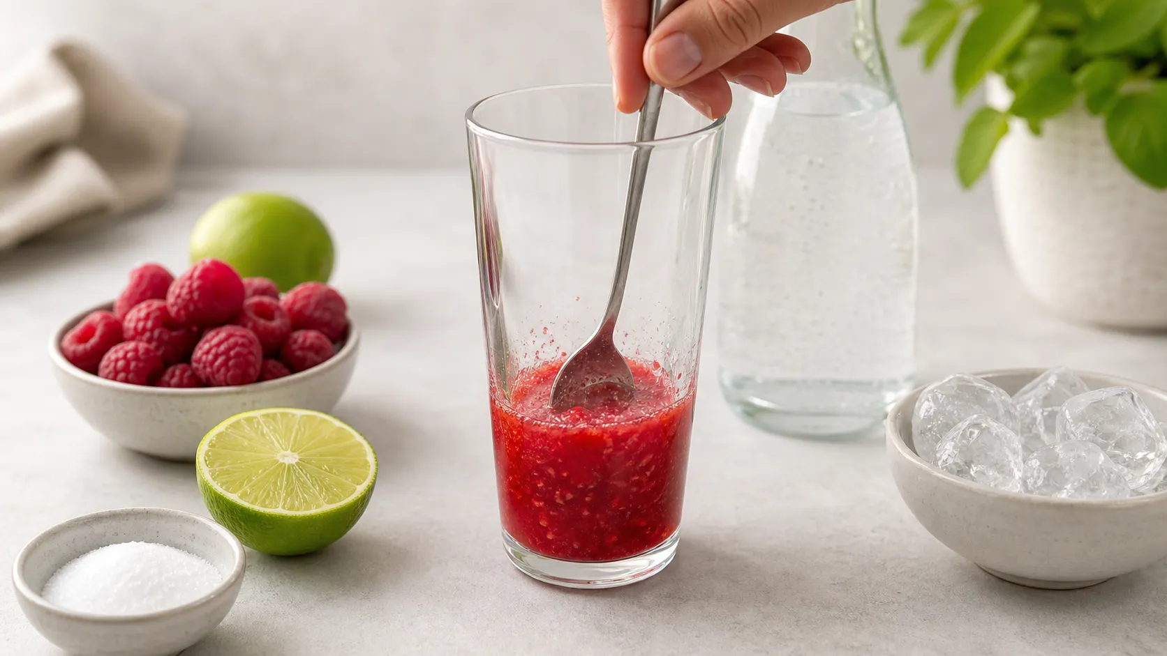 Raspberry puree, lime juice and erythritol stirred together for keto lemonade in a glass