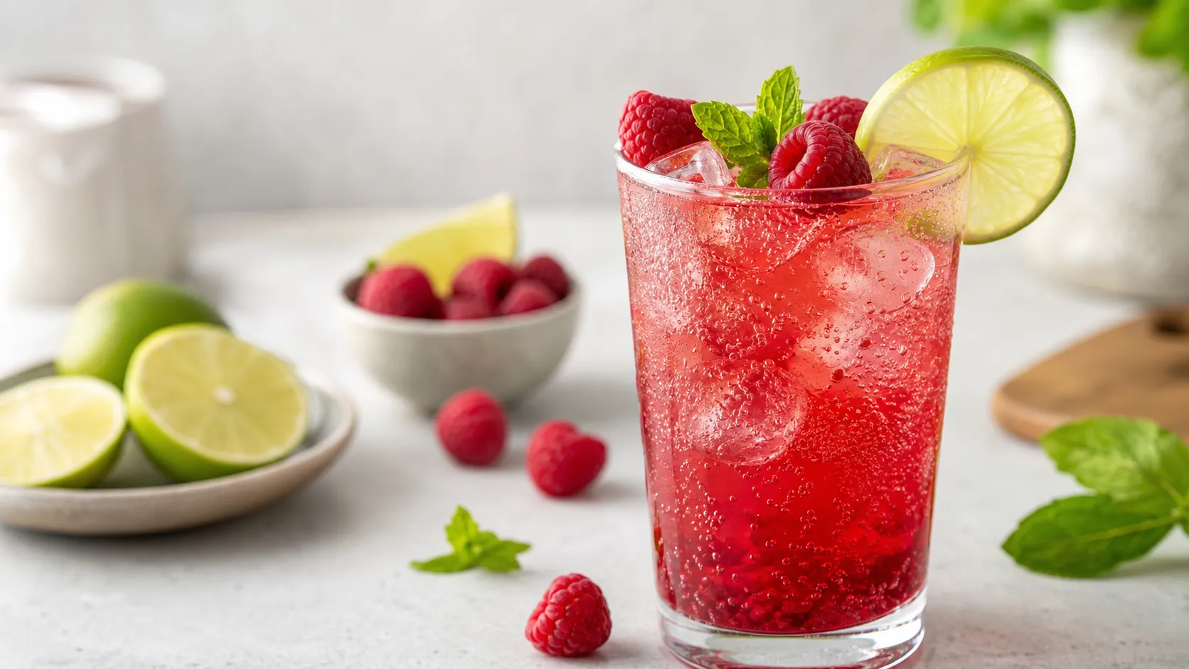 Keto berry lime sparkling lemonade with raspberries, lime, ice cubes and sparkling water in a glass