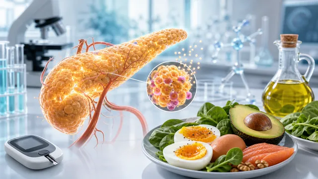 Scientific illustration of pancreatic beta cells producing insulin alongside a plate of low-carb foods