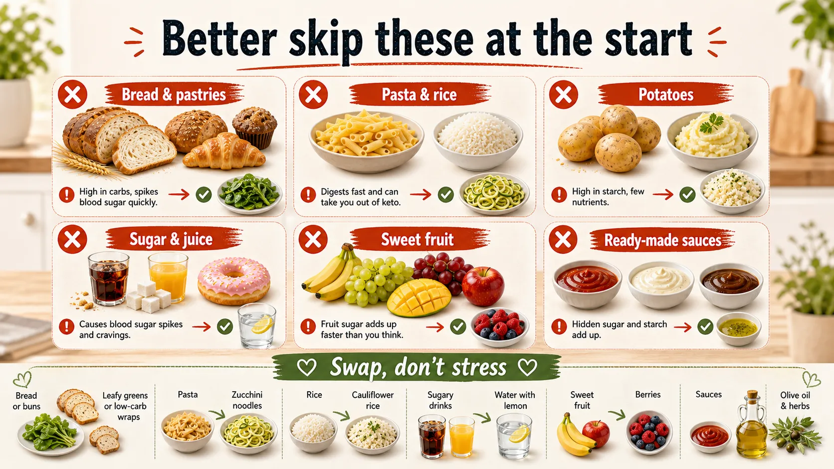 Infographic Better skip these at the start with bread, pasta, rice, potatoes, sugar, juice, sweet fruit, and ready-made sauces