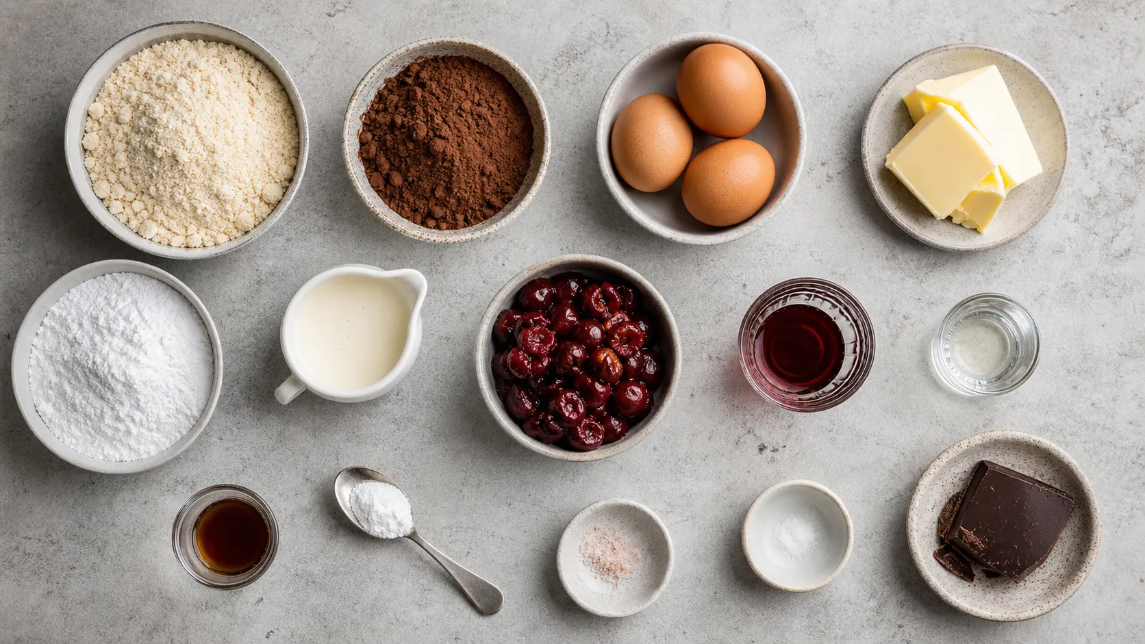 Ingredients for keto Black Forest cake with almond flour, cocoa, eggs, cream, sour cherries and dark chocolate