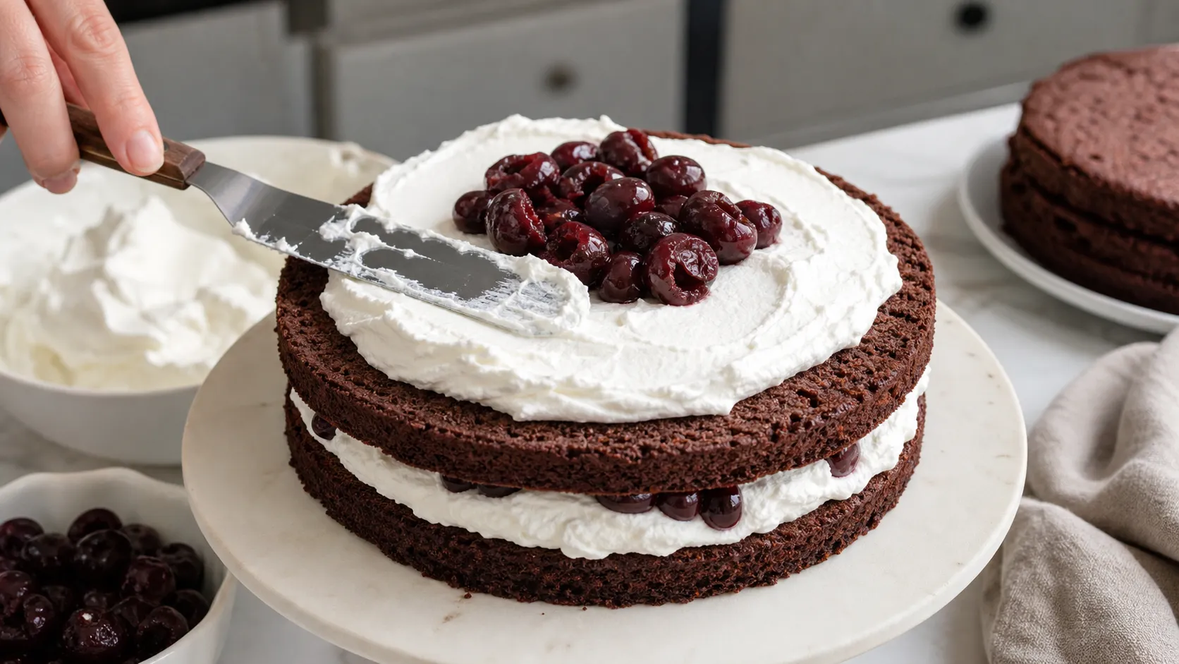Keto Black Forest cake layers are filled with whipped cream and sour cherries