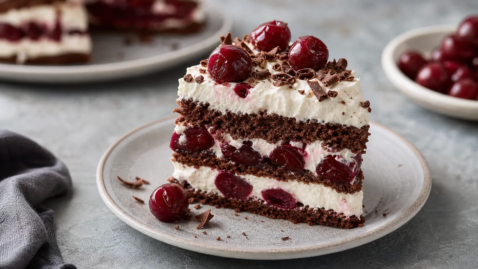 Sliced keto Black Forest cake with chocolate sponge, whipped cream and sour cherries