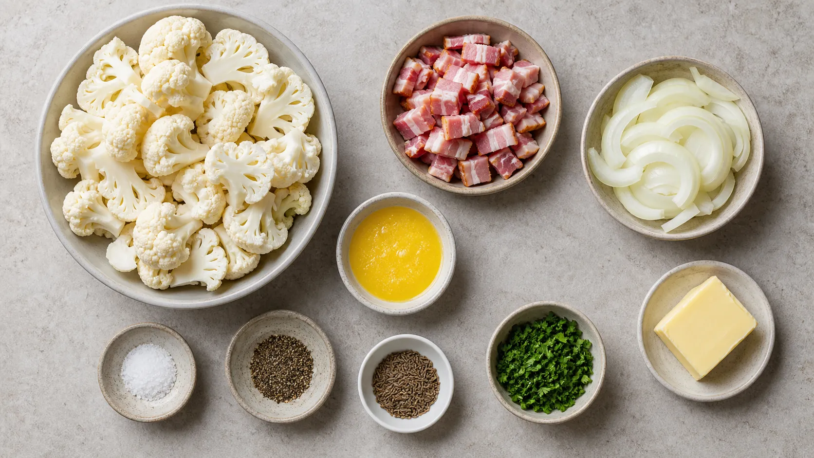 Ingredients for keto cauliflower fries: cauliflower, bacon, onion, butter, caraway and parsley