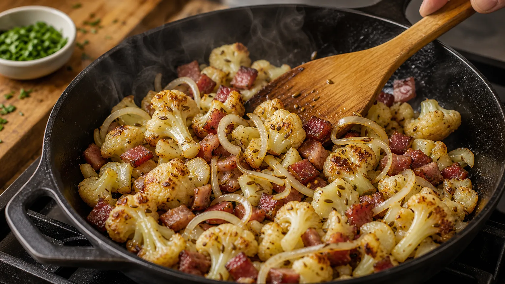 Cauliflower florets browning with bacon, onion and caraway in a skillet
