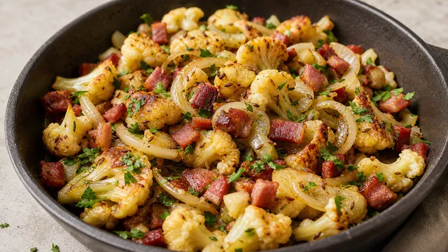 Keto cauliflower fries German-style with bacon, onion, caraway and parsley, plated golden brown