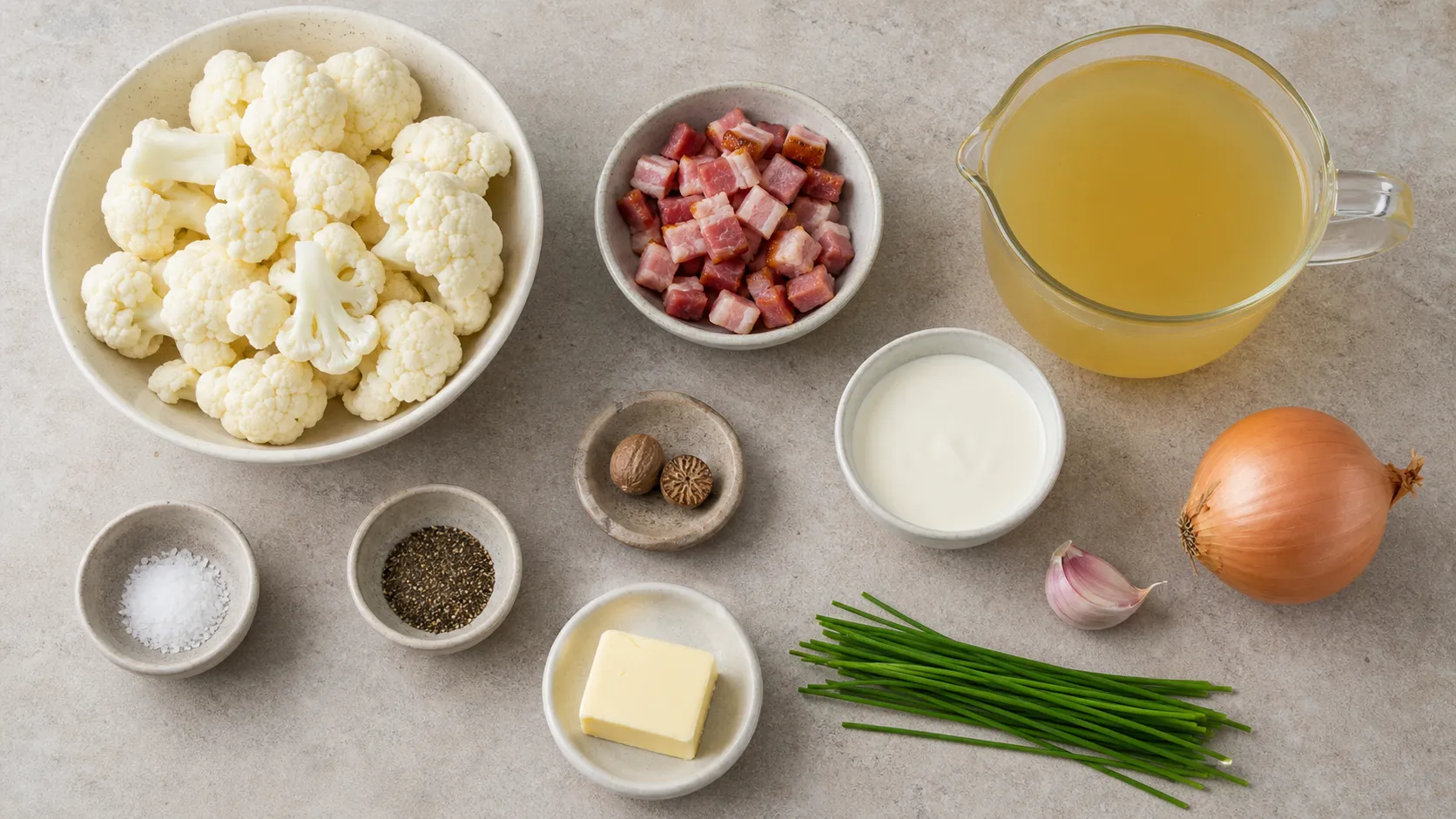Ingredients for keto cream of cauliflower soup: cauliflower, diced bacon, cream, onion, garlic and stock