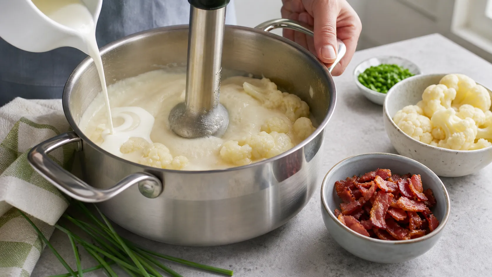 Softly cooked cauliflower being blended into a creamy soup with a stick blender