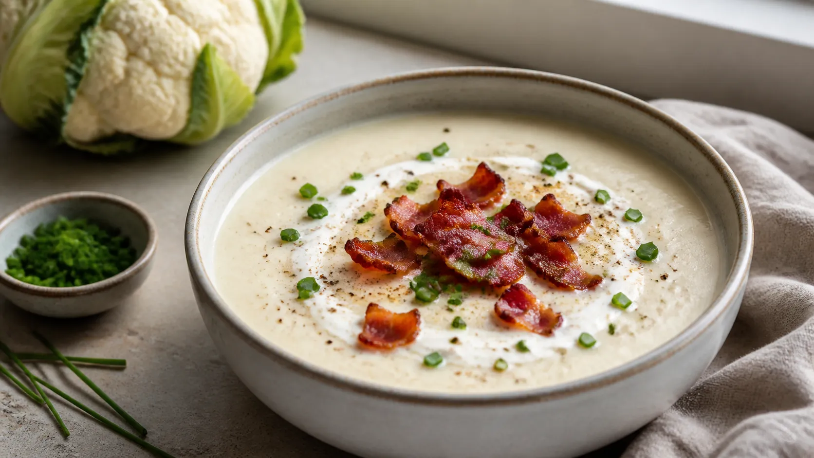 Creamy keto cream of cauliflower soup with crisp bacon cubes and chives in a bowl