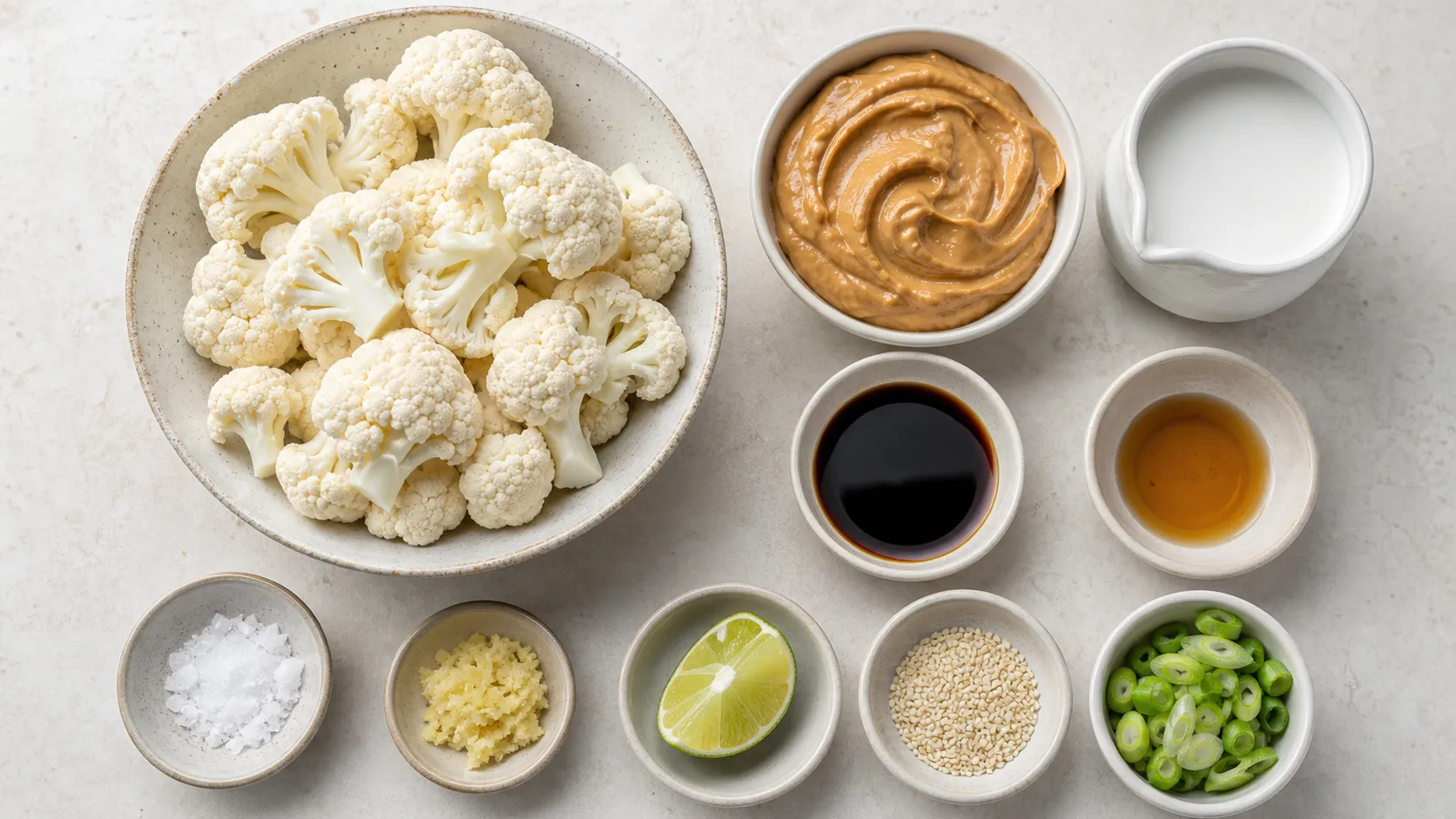 Ingredients for the keto cauliflower peanut satay bowl: cauliflower, peanut butter, coconut milk, soy sauce, sesame oil, lime, ginger and sesame seeds