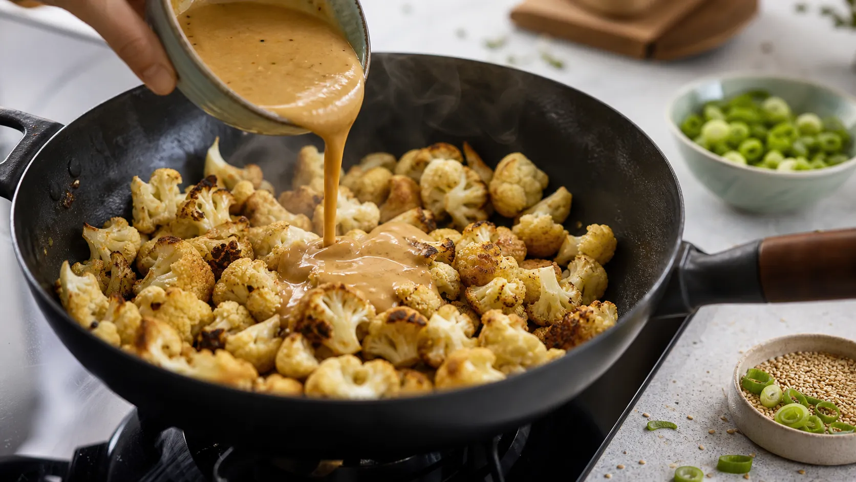 Cauliflower florets being roasted golden brown in a skillet, with the creamy peanut satay sauce beside them