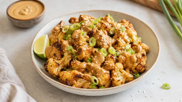 Keto cauliflower peanut satay bowl with golden roasted cauliflower florets in a creamy peanut coconut sauce, garnished with sesame seeds and spring onions