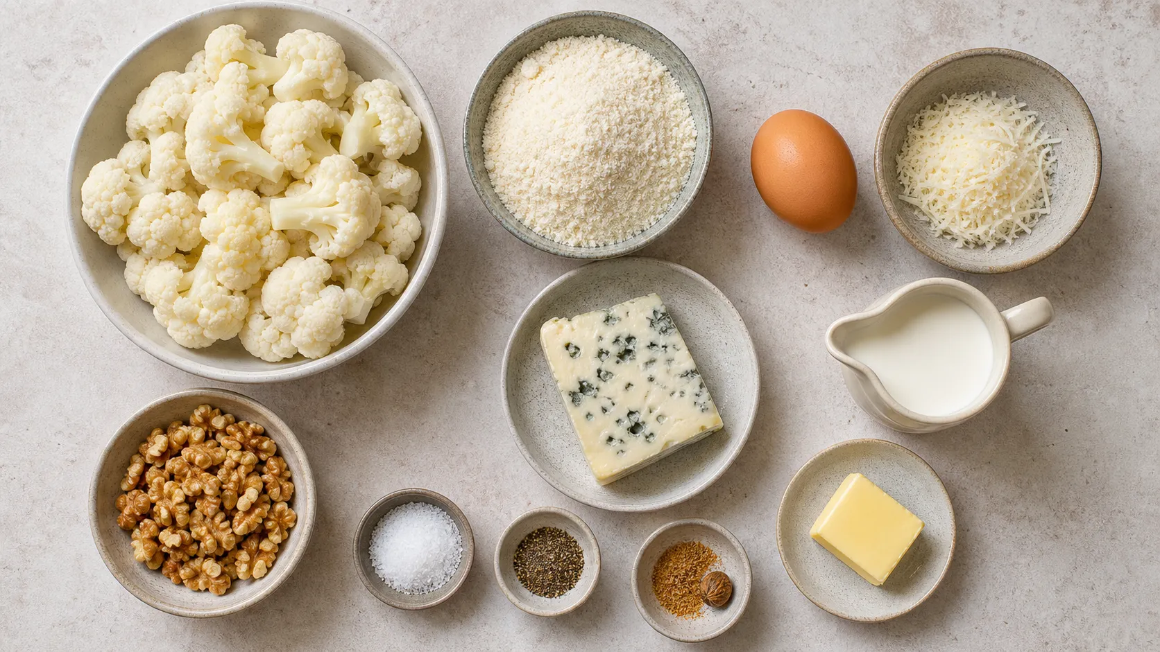 Ingredients for keto cauliflower gnocchi: steamed cauliflower, almond flour, egg, parmesan, gorgonzola, cream and walnuts
