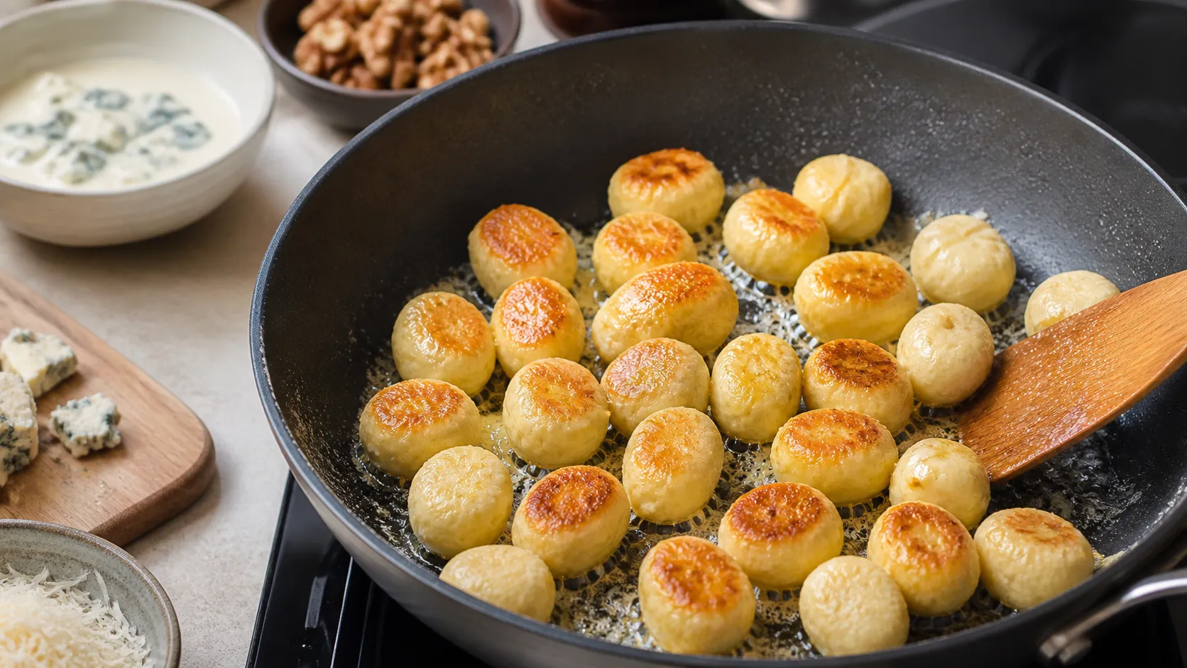 Shaped cauliflower gnocchi pan-fried golden brown in butter