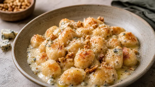 Keto cauliflower gnocchi with gorgonzola cream sauce in a deep plate: golden-brown pan-fried gnocchi in creamy blue cheese sauce with walnuts
