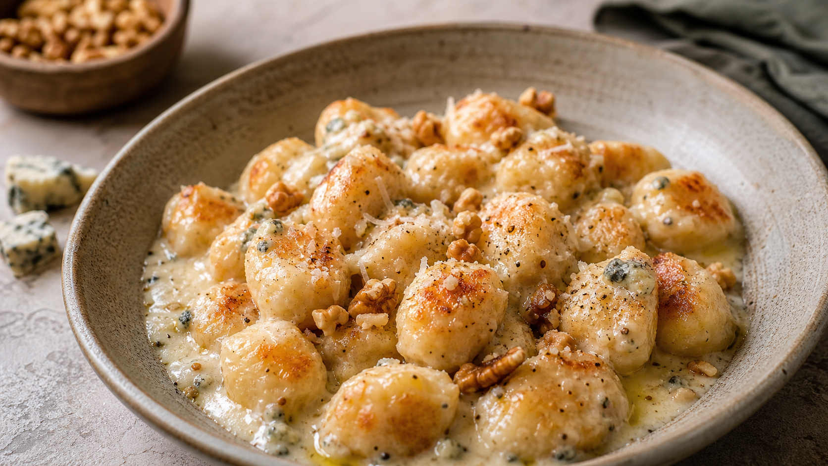 Keto cauliflower gnocchi with gorgonzola cream sauce in a deep plate: golden-brown pan-fried gnocchi in creamy blue cheese sauce with walnuts