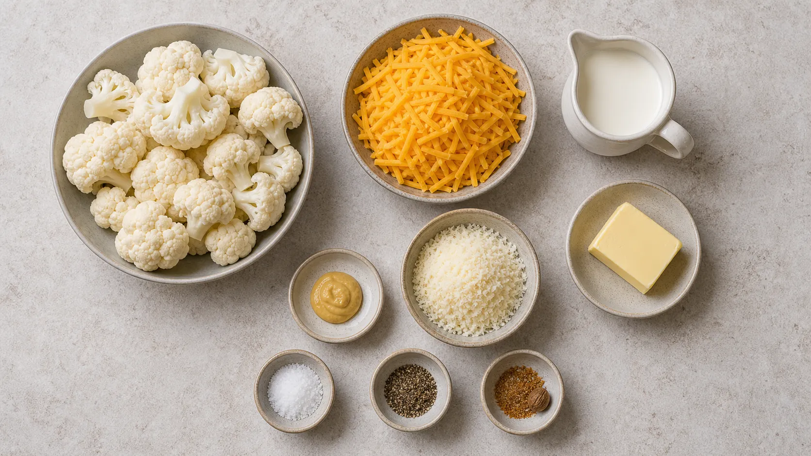 Ingredients for keto cauliflower mac and cheese: cauliflower, cheddar, cream, butter, Parmesan, mustard and spices