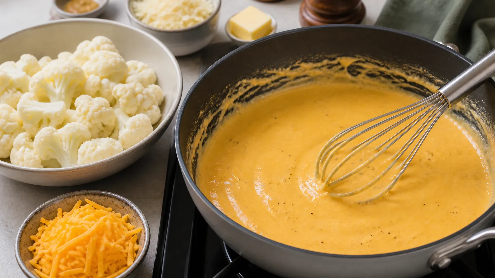 Creamy cheddar cheese sauce in the pan, with blanched cauliflower next to it ready to bake