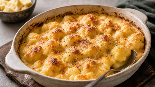 Keto cauliflower mac and cheese in a baking dish: golden-brown baked cheddar over cauliflower florets in creamy cheese sauce