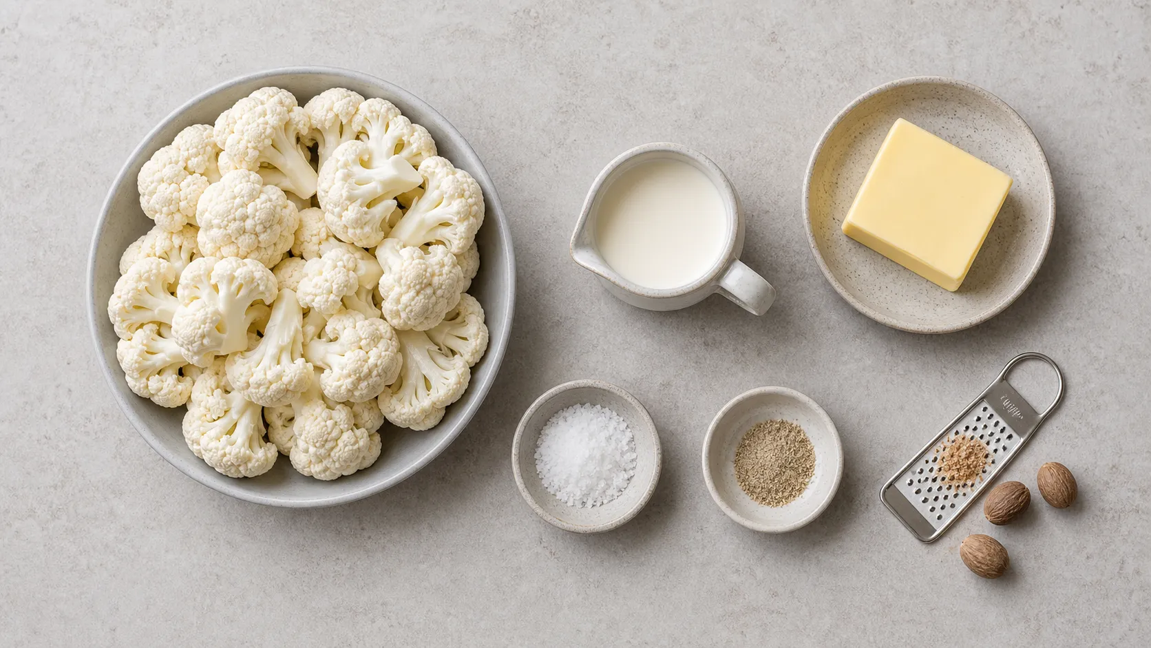 Ingredients for keto cauliflower mash: cauliflower, butter, cream, nutmeg, salt and white pepper