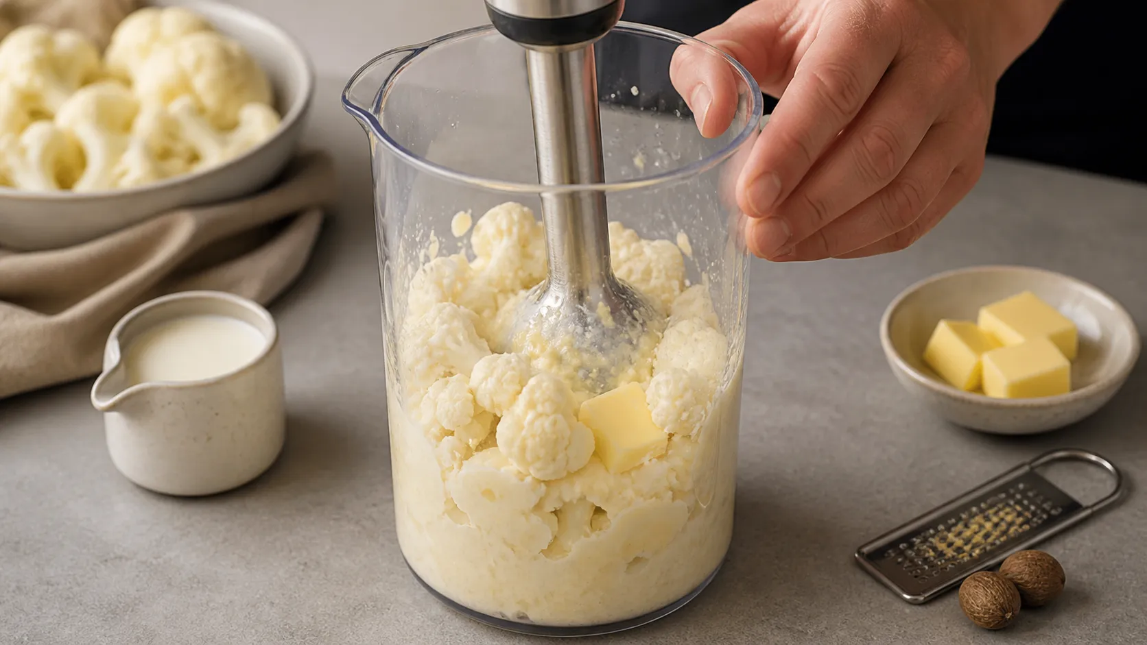Cooked cauliflower being blended with butter and cream into a creamy keto mash