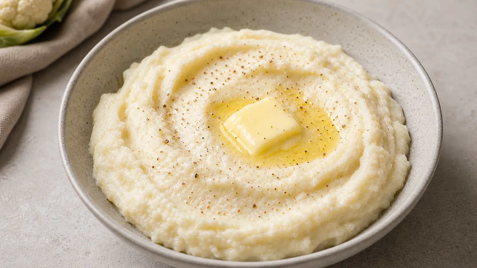 Creamy keto cauliflower mash with melted butter, nutmeg and white pepper in a bowl