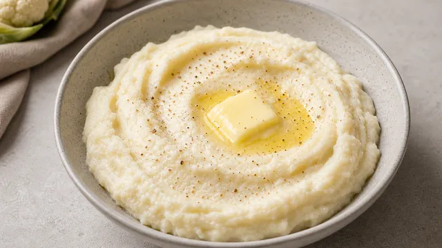 Creamy keto cauliflower mash with melted butter, nutmeg and white pepper in a bowl